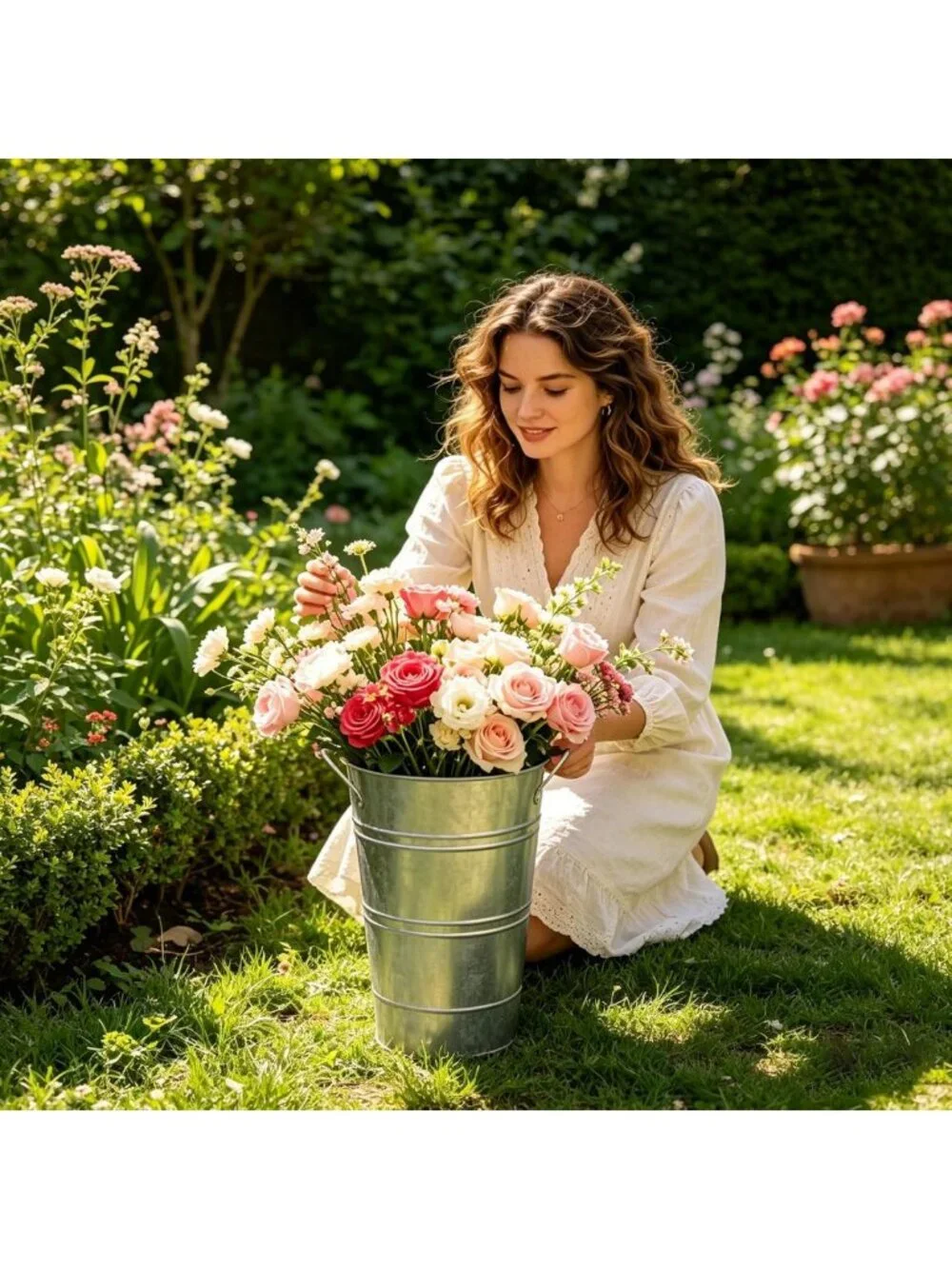 Set of 8 Galvanized Metal Flower Buckets - 10 Inch Rustic Vases for Home Decor